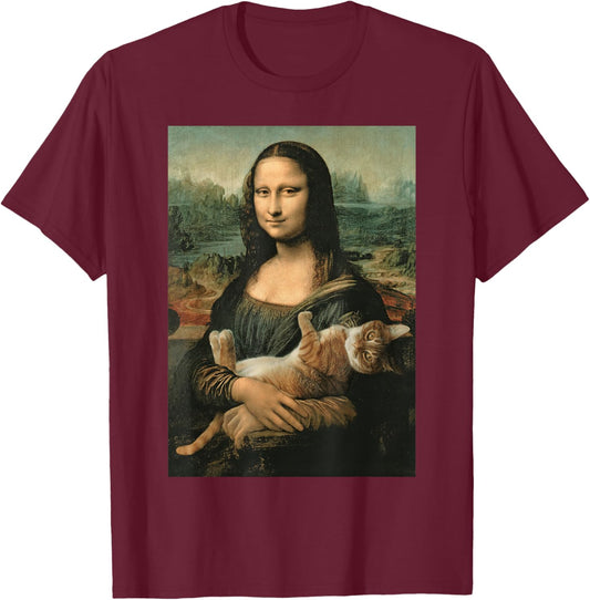 Mona Lisa Orange Cat Funny Art Painting T-Shirt - T-Shirt | Maroon