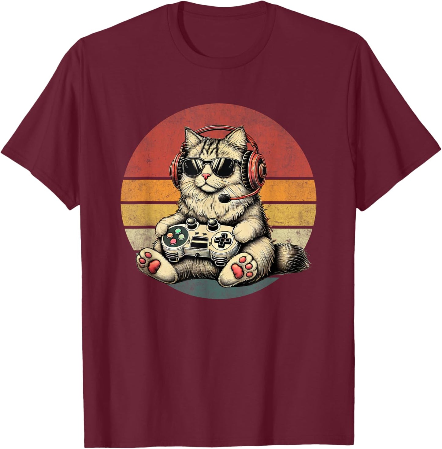 Kitten Cat Playing Video Games Vintage Funny Cat Gaming Men Women Kids T-Shirt - T-Shirt | Maroon