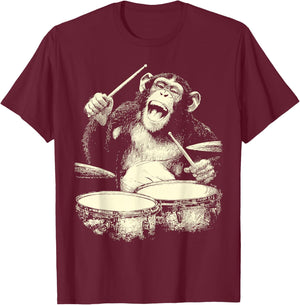 Chimpanzee Playing Drums Funny Animal Drummer Chimp Graphic T-Shirt - T-Shirt | Maroon