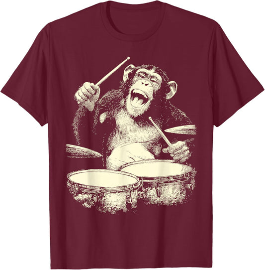 Chimpanzee Playing Drums Funny Animal Drummer Chimp Graphic T-Shirt - T-Shirt | Maroon