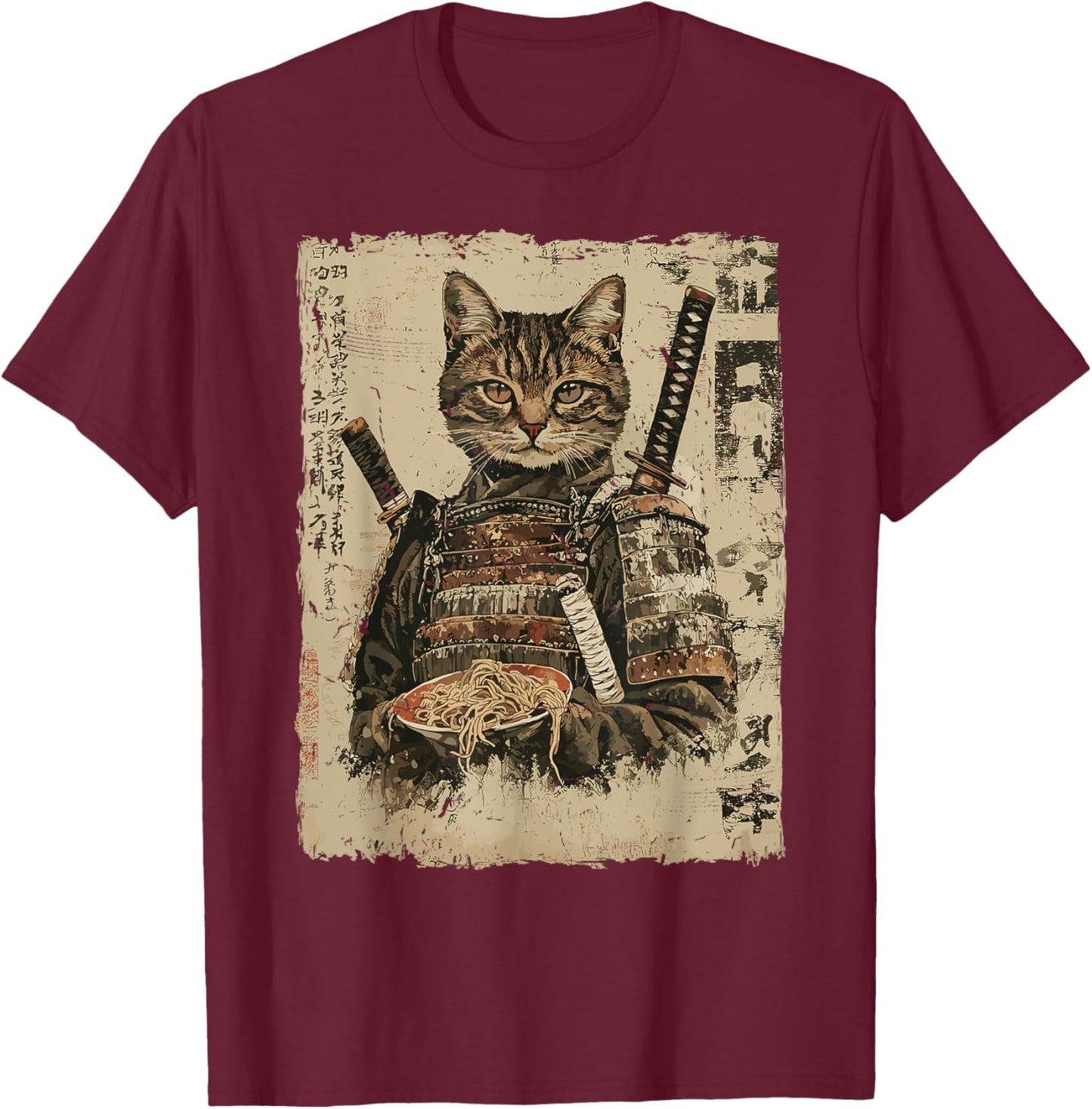 Samurai Cat Loves Ramen Funny Anime Japanese Artwork Samurai T-Shirt - T-Shirt | Maroon