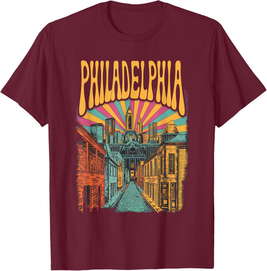 Vintage Philadelphia Pennsylvania Skyline Cityscape Retro T-Shirt - T-Shirt | Maroon