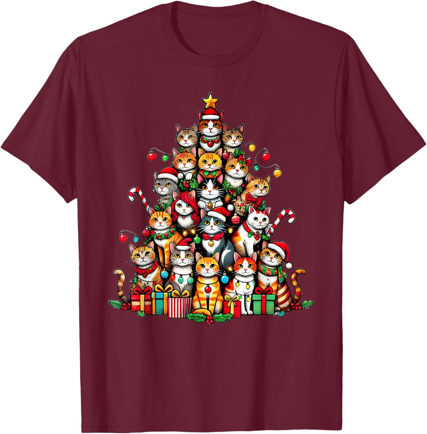 Cat Kitten Christmas Tree Funny Cat Xmas T-Shirt - T-Shirt | Maroon