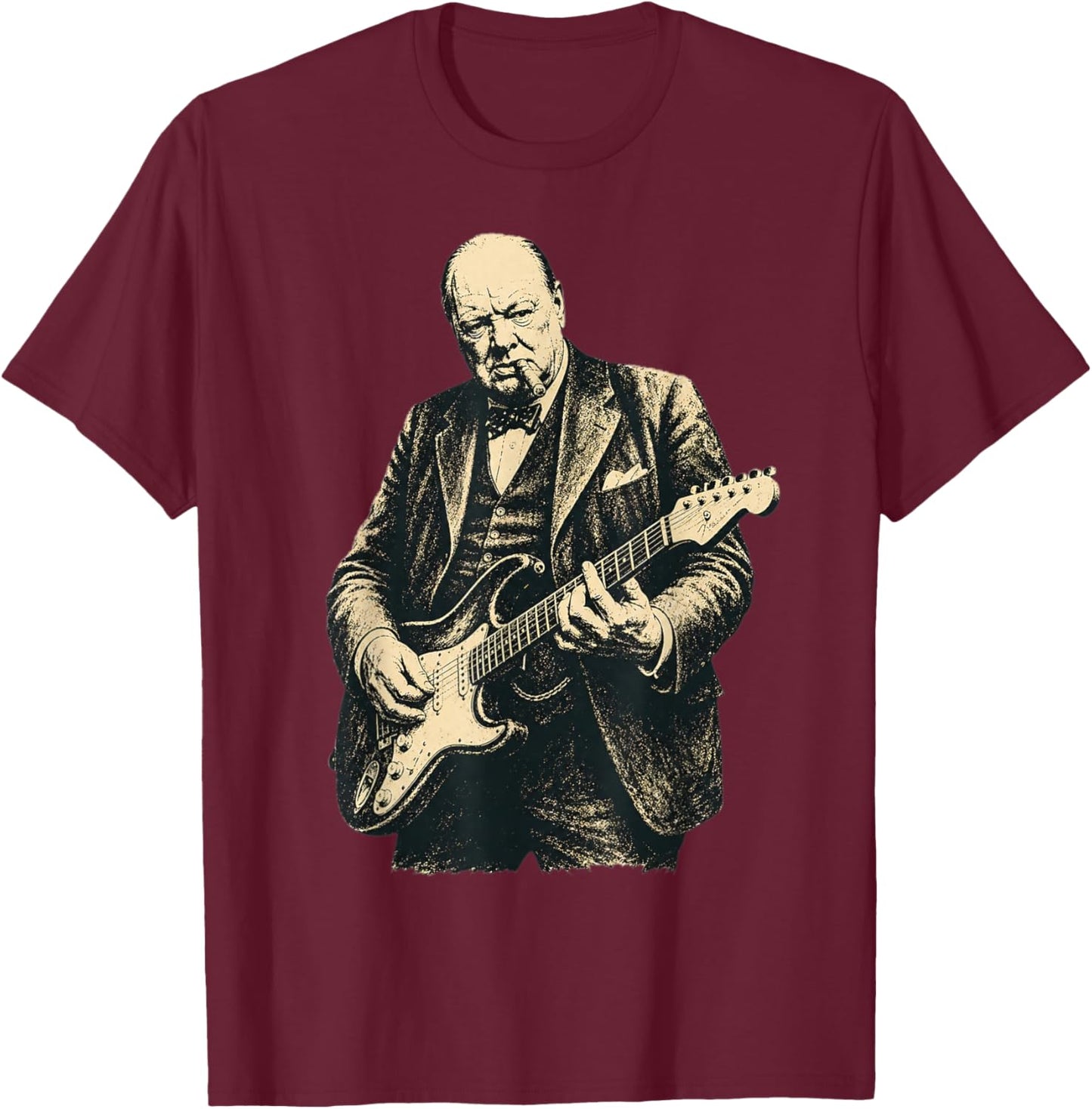 Winston Churchill Playing Guitar Rocker Cool Retro Vintage T-Shirt - T-Shirt | Maroon