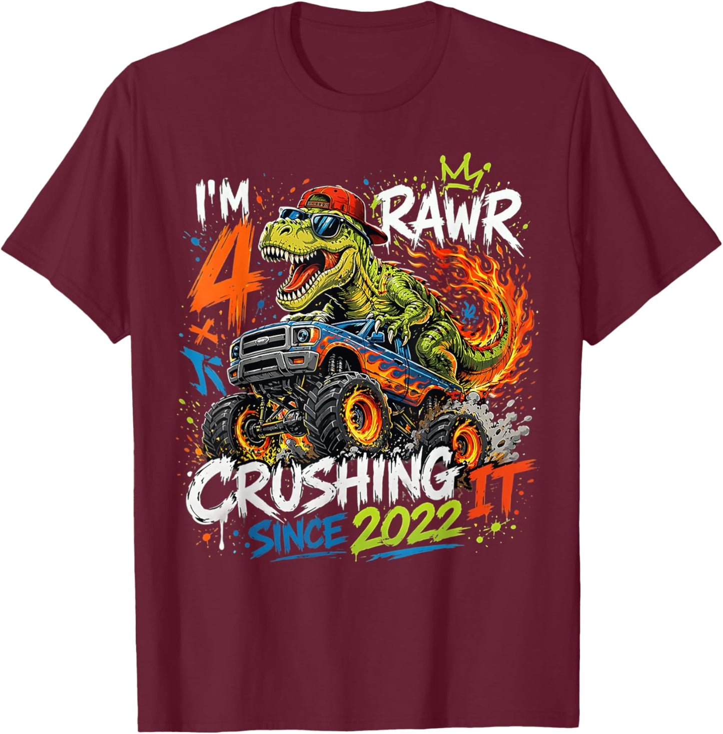 Kids 4th Birthday Monster Truck Dinosaur 4 Year Old boy Born T-Shirt - T-Shirt | Maroon