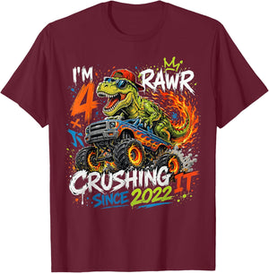 Kids 4th Birthday Monster Truck Dinosaur 4 Year Old boy Born T-Shirt - T-Shirt | Maroon