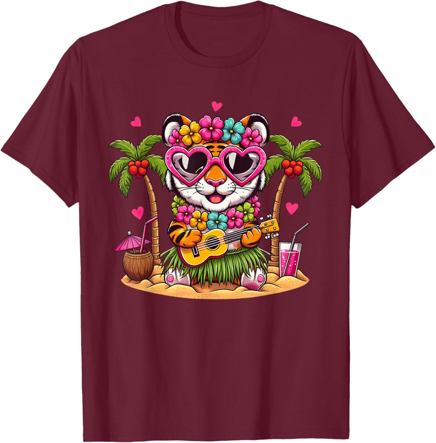 Funny Tiger Hawaiian Costume Kids Summer Vacation Tiger T-Shirt - T-Shirt | Maroon