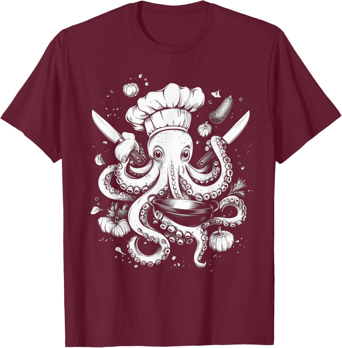 Chef Octopus Funny Cooking Kraken Sous Chef Cook T-Shirt - T-Shirt | Maroon