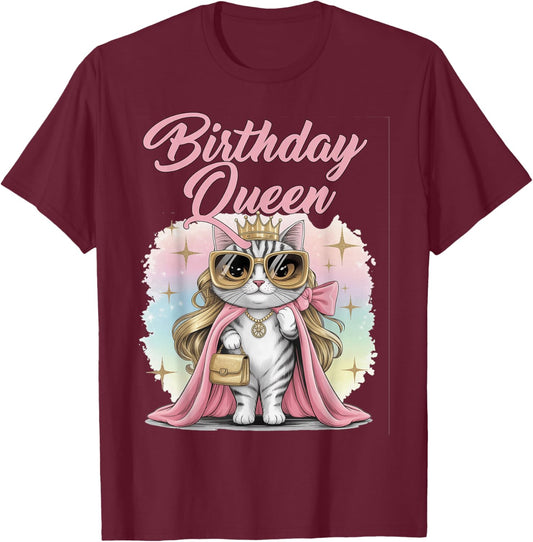 Birthday Queen Cat Party Glam Diva 21 25 29 30 40 50 60 70 T-Shirt - T-Shirt | Maroon