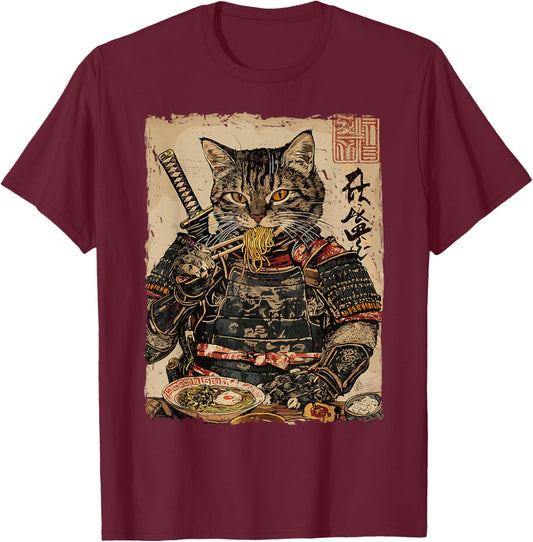Samurai Cat Loves Ramen Funny Anime Japanese Artwork Samurai T-Shirt - T-Shirt | Maroon