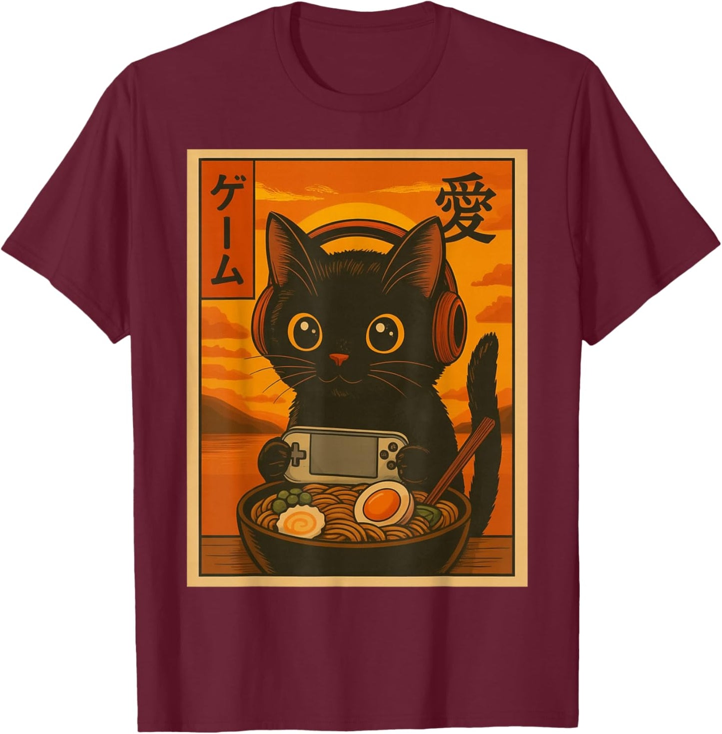 Cute Kawaii Gamer Cat Ramen Retro Japanese Art T-Shirt - T-Shirt | Maroon