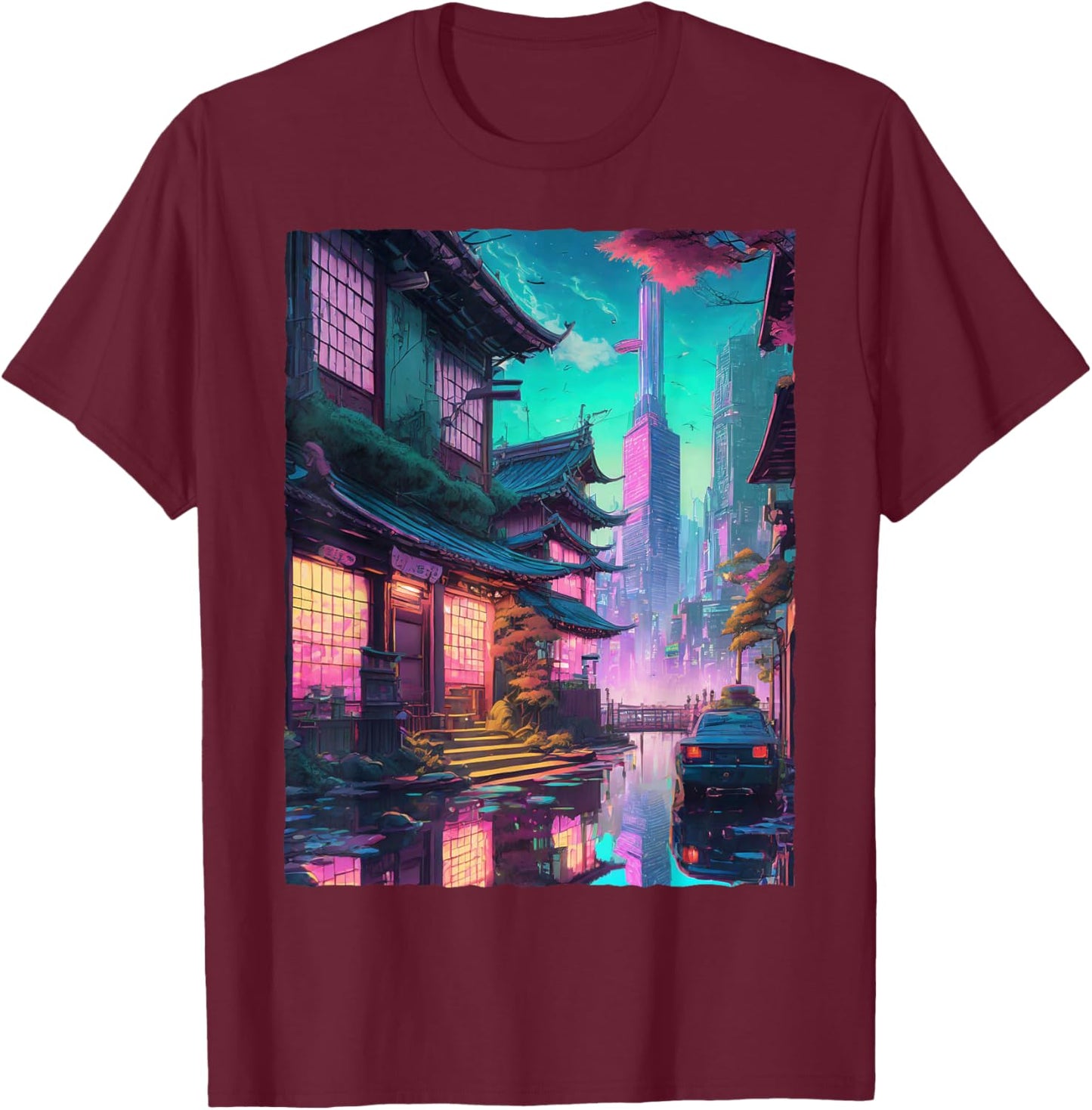 Japanese Streetwear Synthwave Vaporwave City Retro Aesthetic T-Shirt - T-Shirt | Maroon