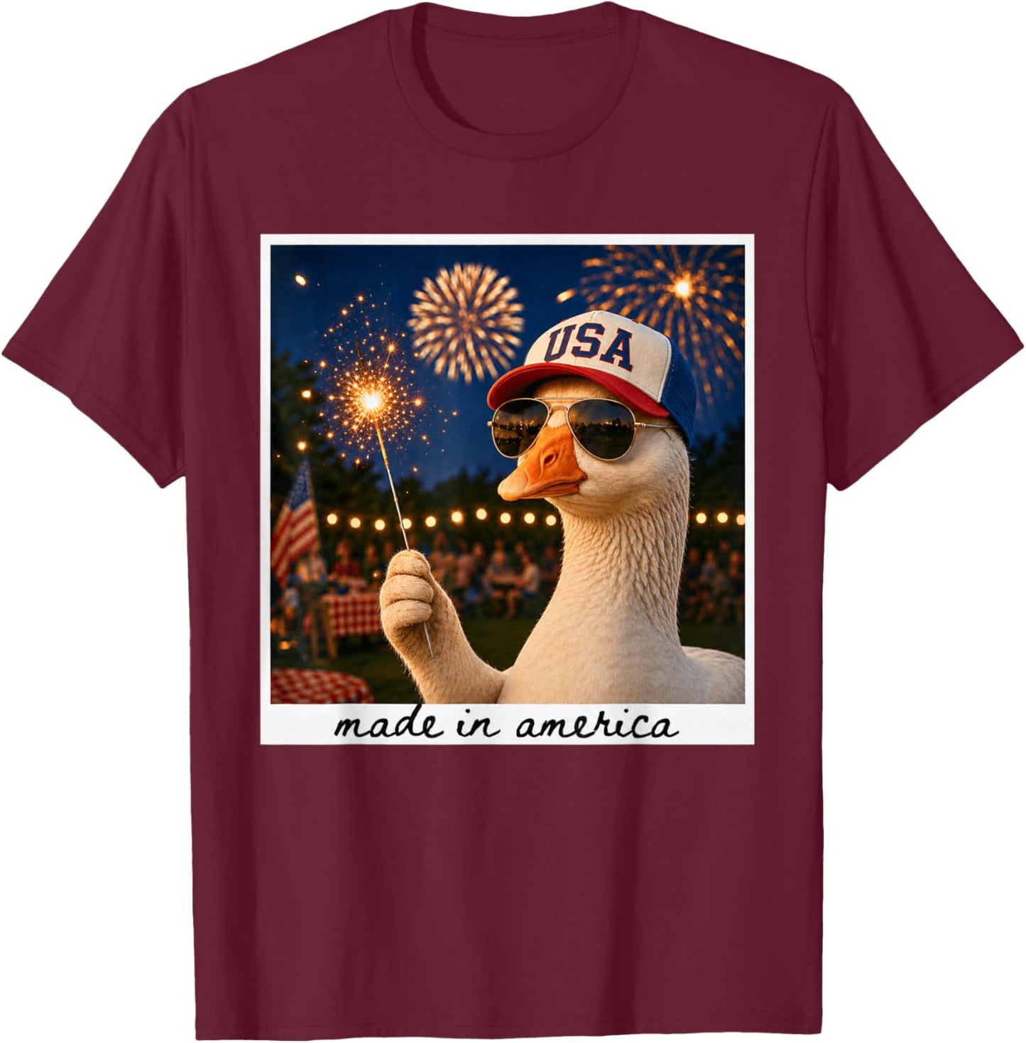 Patriotic Goose USA Fireworks 4th of July 250 Years America T-Shirt - T-Shirt | Maroon