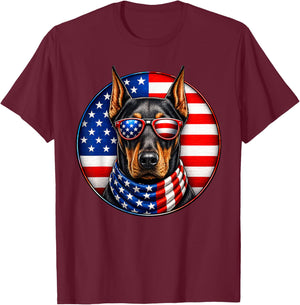 American Flag Doberman Pinscher Dog Sunglasses 4th of July T-Shirt - T-Shirt | Maroon