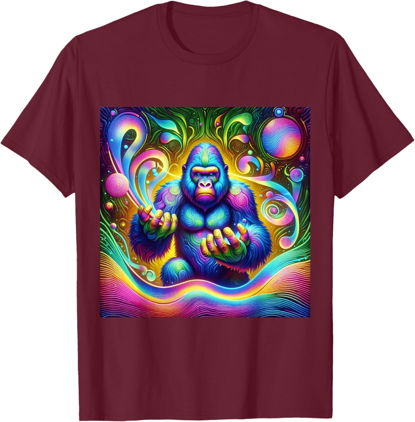 Psychedelic Gorilla Rainbow EDM Vibes Festival Rave Graphic T-Shirt - T-Shirt | Maroon