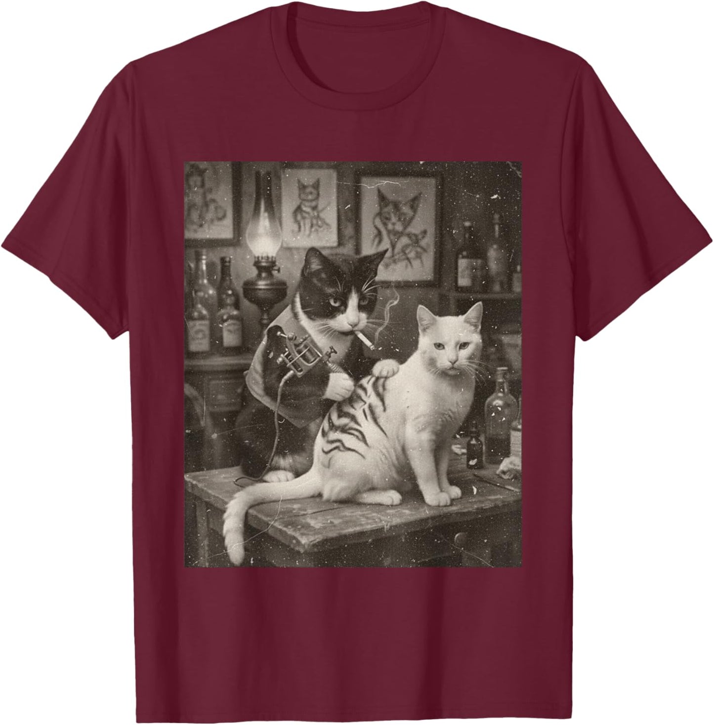 Vintage Cat Smoking Tattoo Inked Kitty Artist Funny Meme T-Shirt - T-Shirt | Maroon