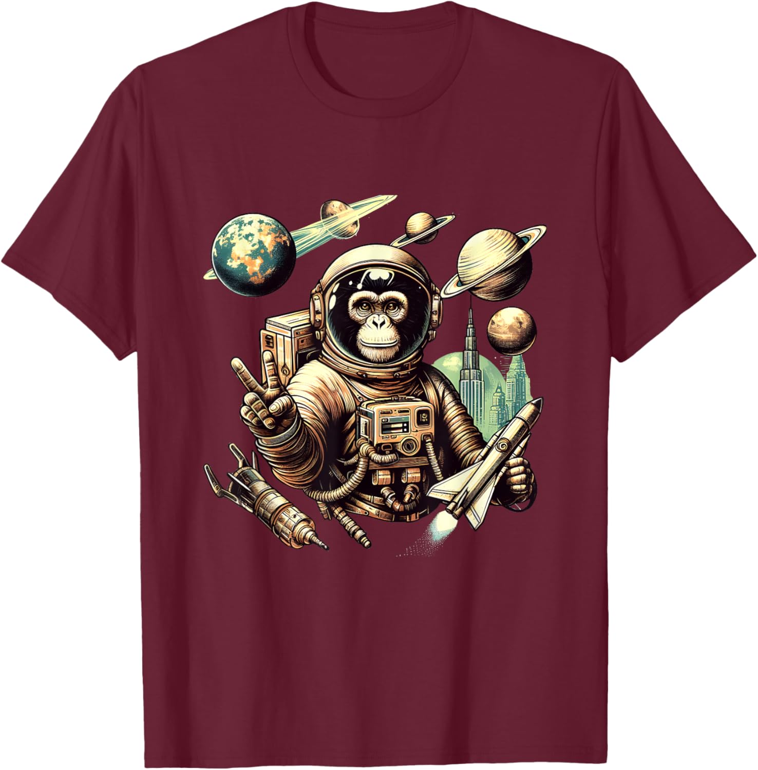 Space Vintage Travel Astronaut Monkey Holding Spaceship T-Shirt - T-Shirt | Maroon