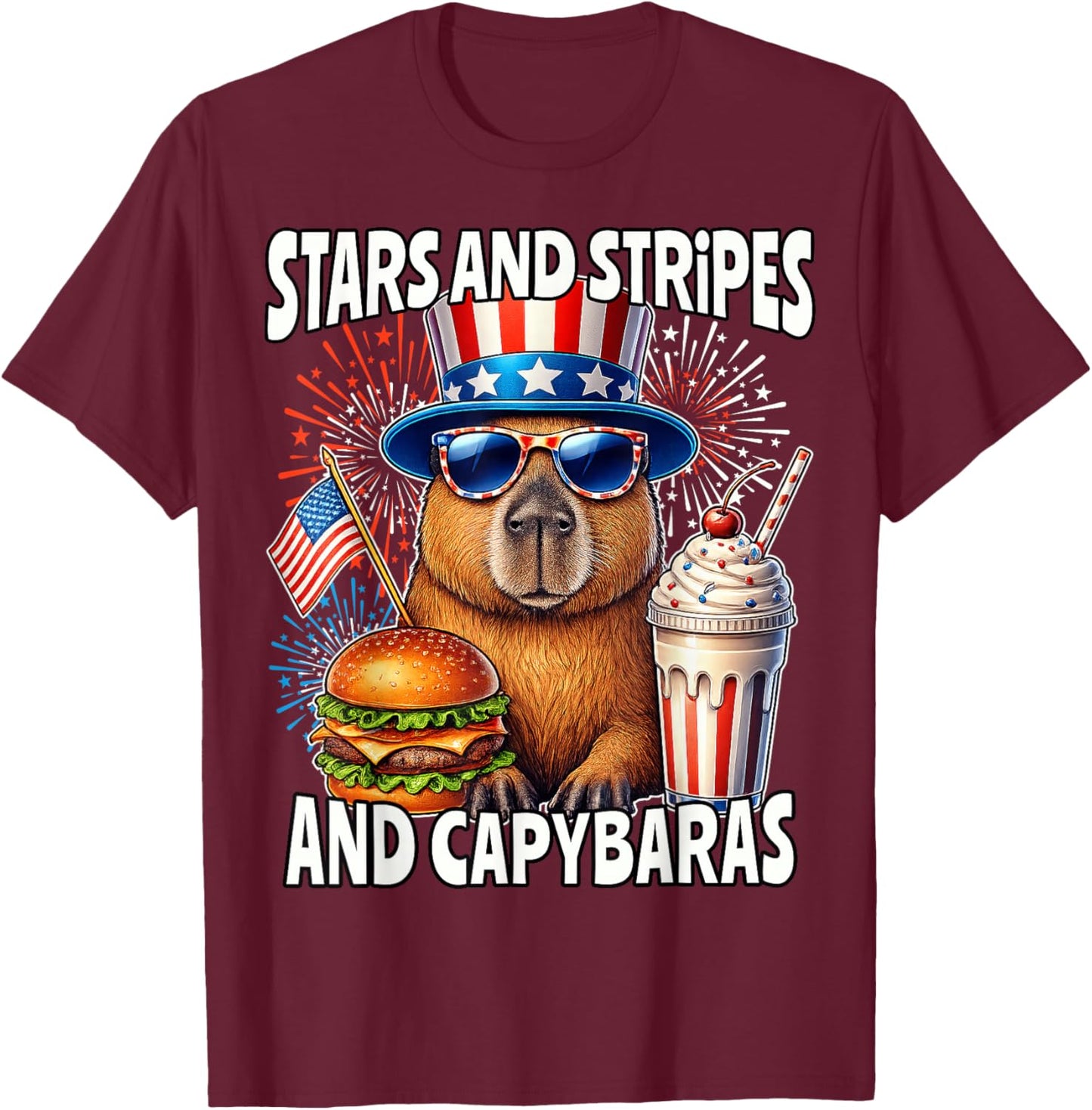 Capybara 4th of July American Capybara 250 T-Shirt - T-Shirt | Maroon