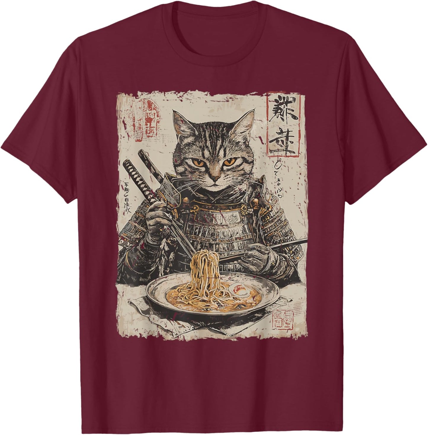 Samurai Cat Loves Ramen Funny Anime Japanese Artwork Samurai T-Shirt - T-Shirt | Maroon