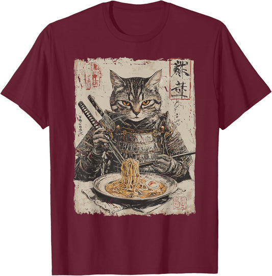 Samurai Cat Loves Ramen Funny Anime Japanese Artwork Samurai T-Shirt - T-Shirt | Maroon