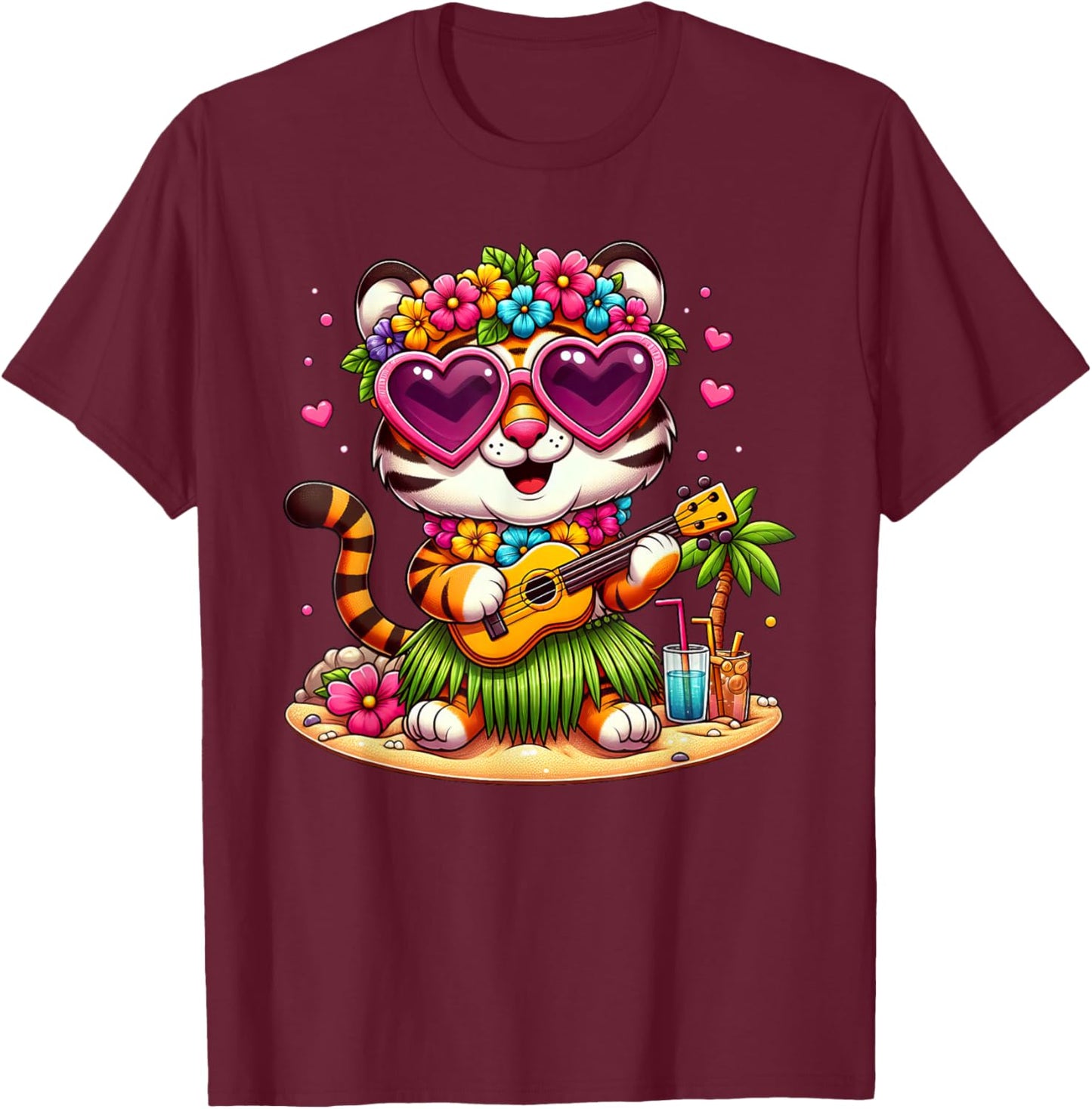 Funny Tiger Hawaiian Costume Kids Summer Vacation Tiger T-Shirt - T-Shirt | Maroon