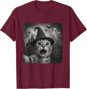 Halloween cat Taking Selfie Funny Spooky T-Shirt - T-Shirt | Maroon