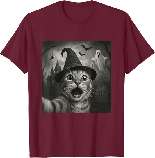 Halloween cat Taking Selfie Funny Spooky T-Shirt - T-Shirt | Maroon