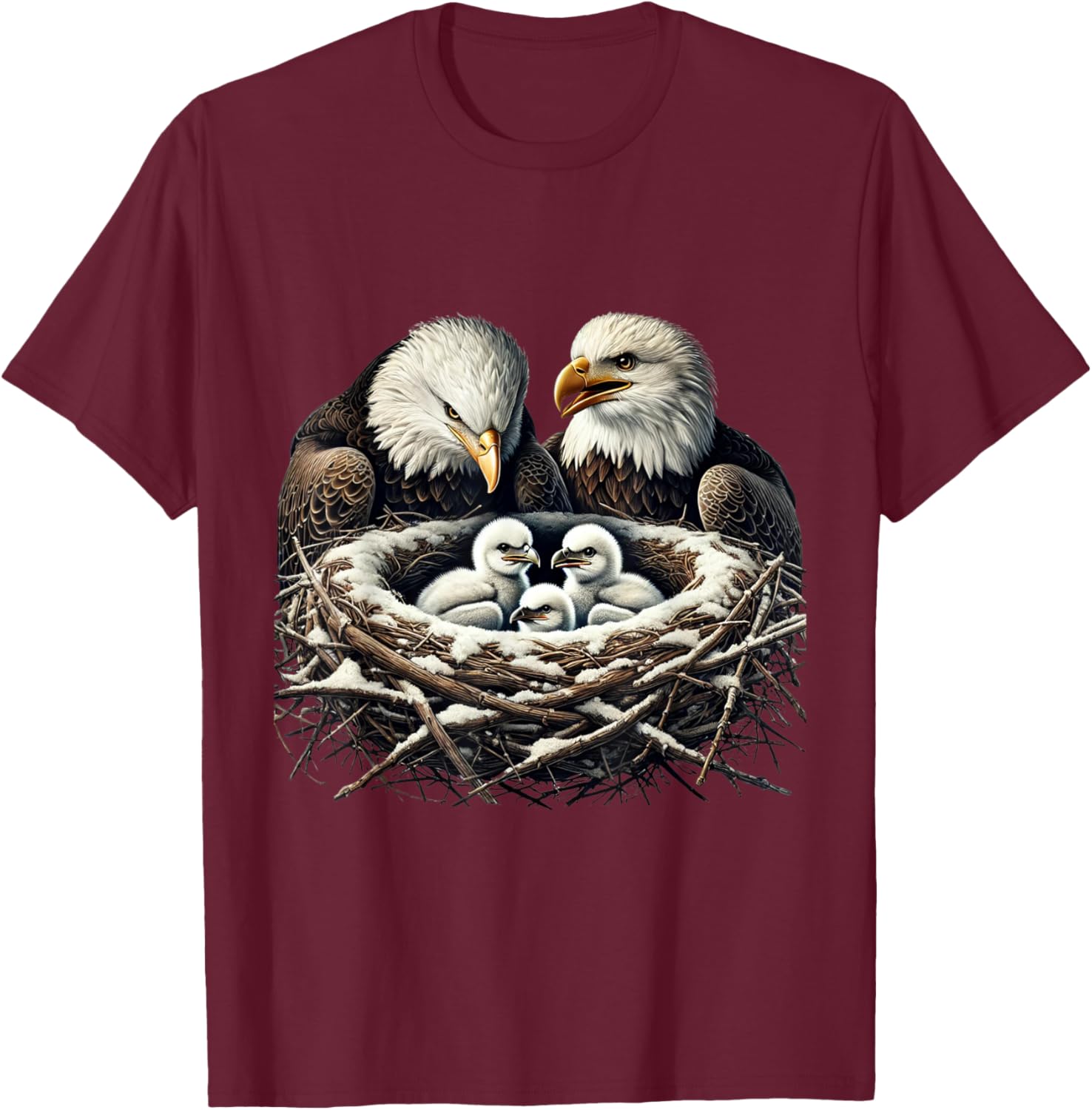 Bald Eagle Mom Dad Three Eaglet Chicks Babies in Nest T-Shirt - T-Shirt | Maroon