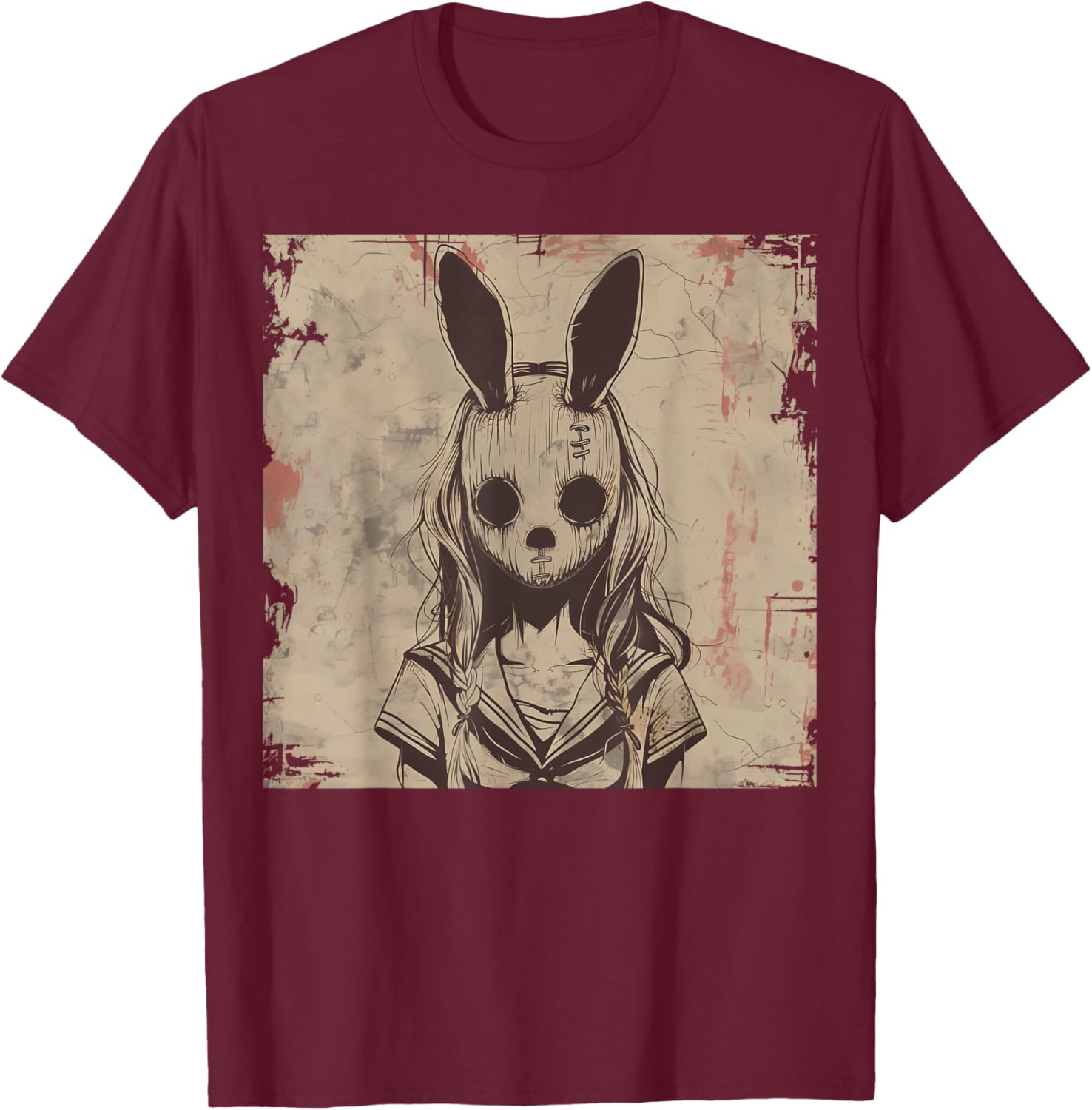 Goth Grunge Creepy Bunny Rabbit Mask Girl Anime Horror Art T-Shirt - T-Shirt | Maroon