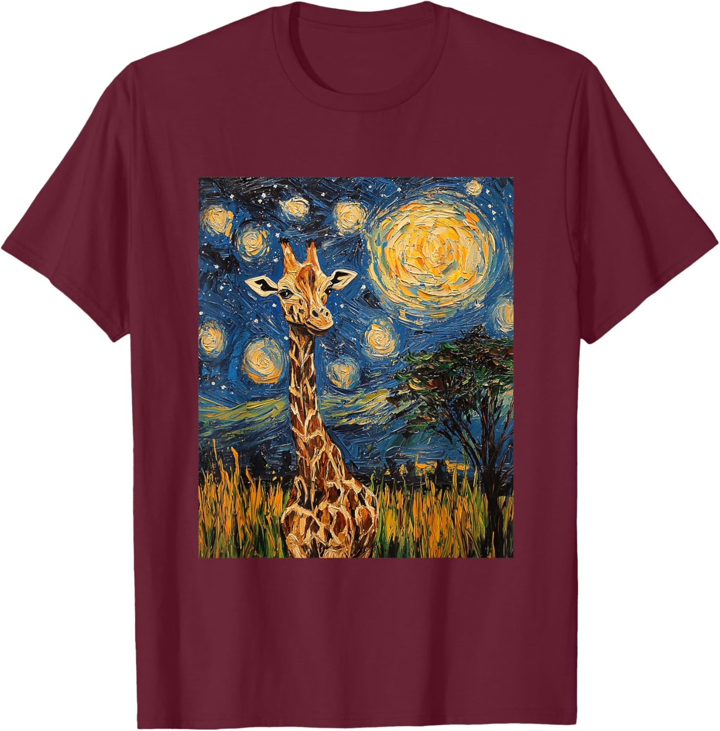 Cute Giraffe Africa - Van Gogh Style - Starry Night T-Shirt - T-Shirt | Maroon