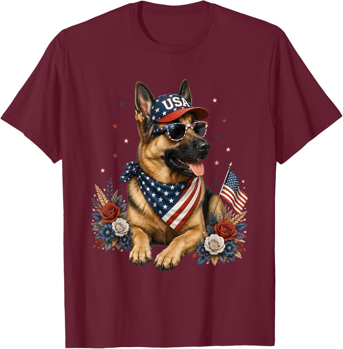 4th of July Patriotic German Shepherd Dog USA Flag T-Shirt - T-Shirt | Maroon