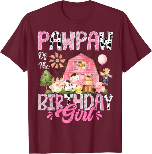 Pawpaw Of The Birthday Girl Pink Farm Cow First Birthday T-Shirt - T-Shirt | Maroon