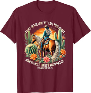 Vintage Western Christian Cowgirl Proverbs 3:5-6 Costume T-Shirt - T-Shirt | Maroon