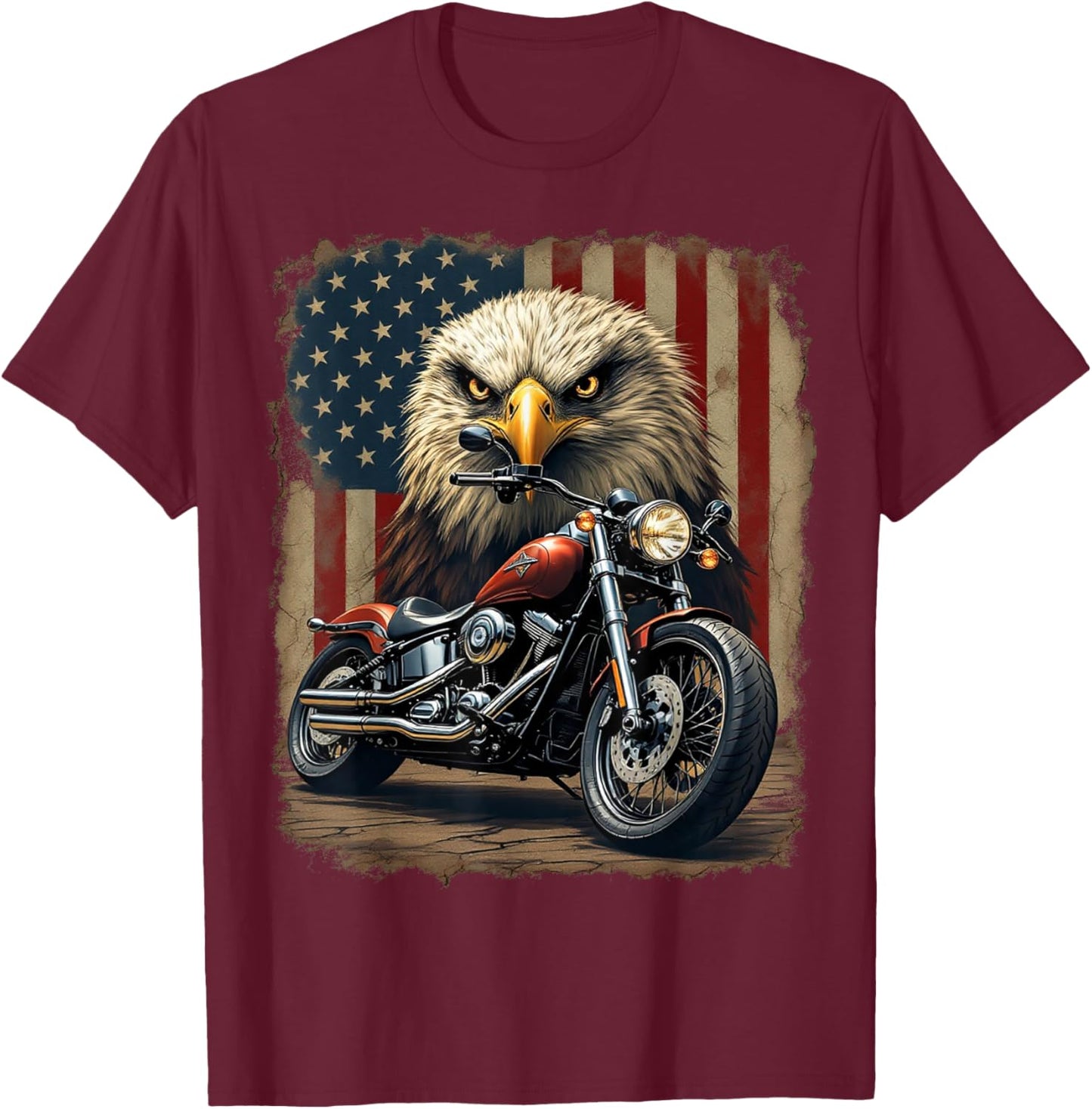 Motorcycle USA Flag Retro Biker Chopper T-Shirt - T-Shirt | Maroon