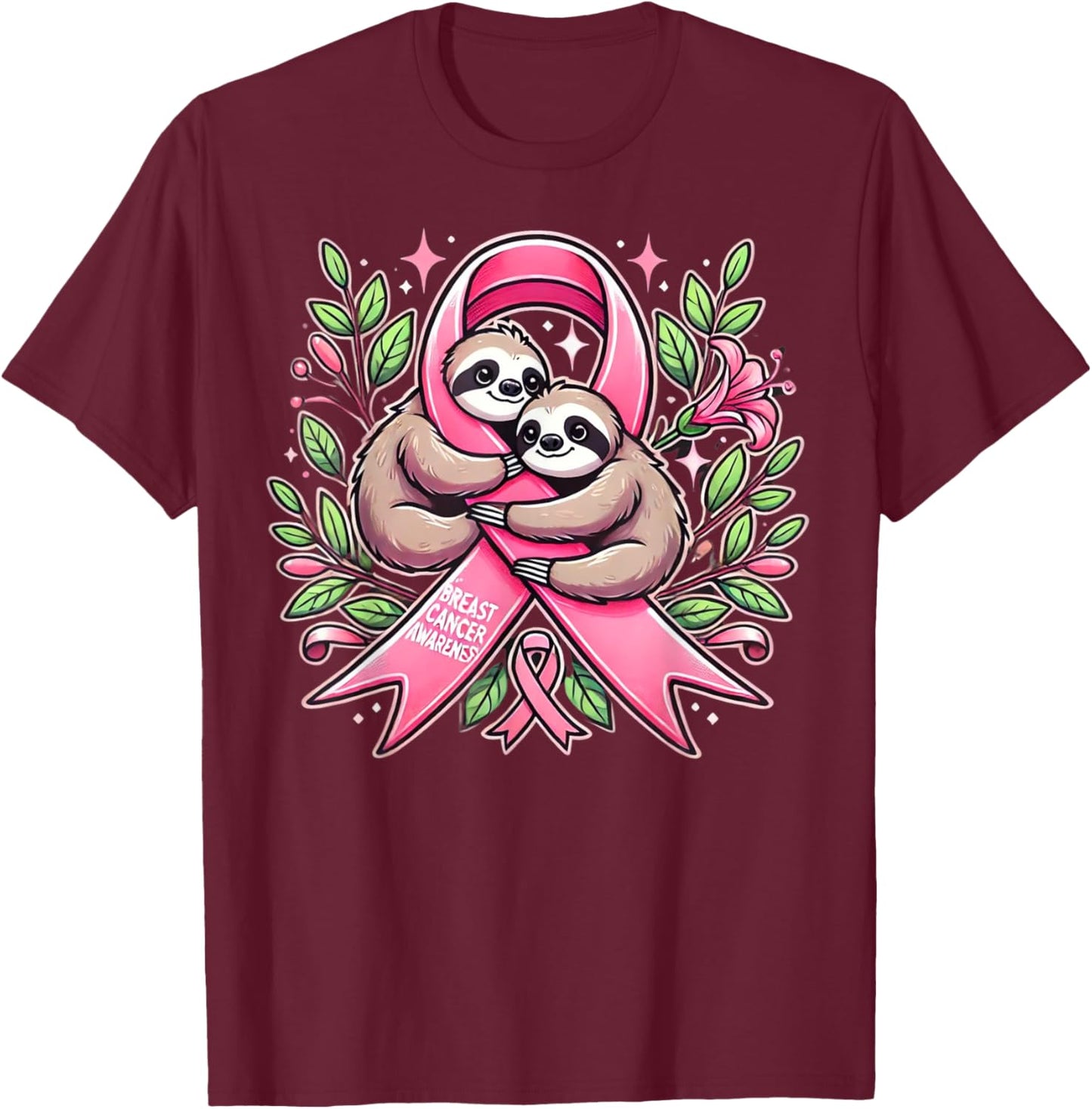 Breast Cancer Awareness Sloth Ribbon T-Shirt - T-Shirt | Maroon