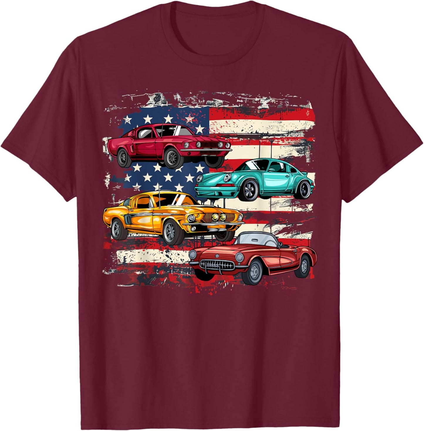 Classic Muscle Car Retro American Flag Patriotic Vintage Girls Kids Men T-Shirt - T-Shirt | Maroon