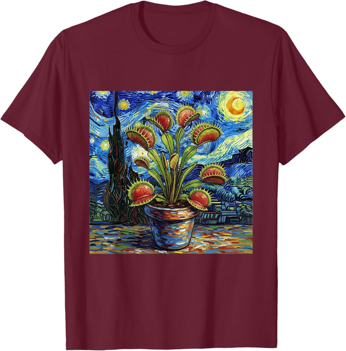 Venus Flytrap Carnivorous Plant Starry Night Van Gogh Style T-Shirt - T-Shirt | Maroon
