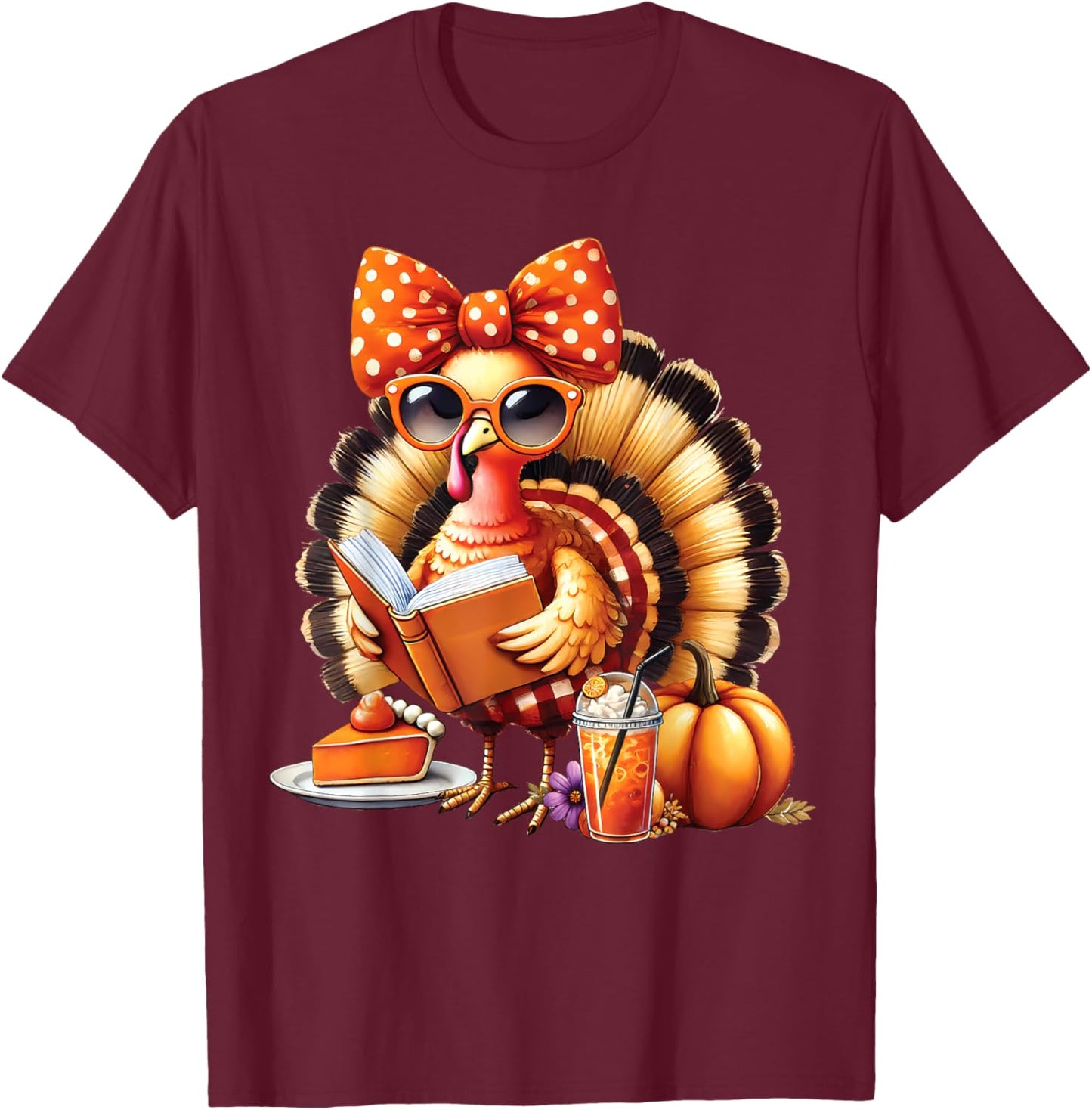 Cute Turkey Reading Book Lovers Thanksgiving Bow T-Shirt - T-Shirt | Maroon