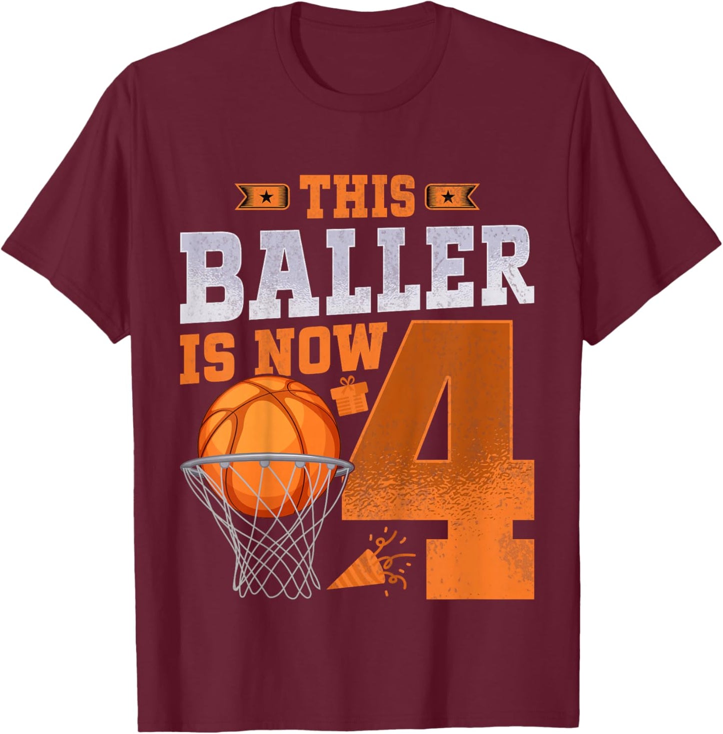 Kids This Baller Is Now 4 Years Old Basketball 4th Birthday Party T-Shirt - T-Shirt | Maroon