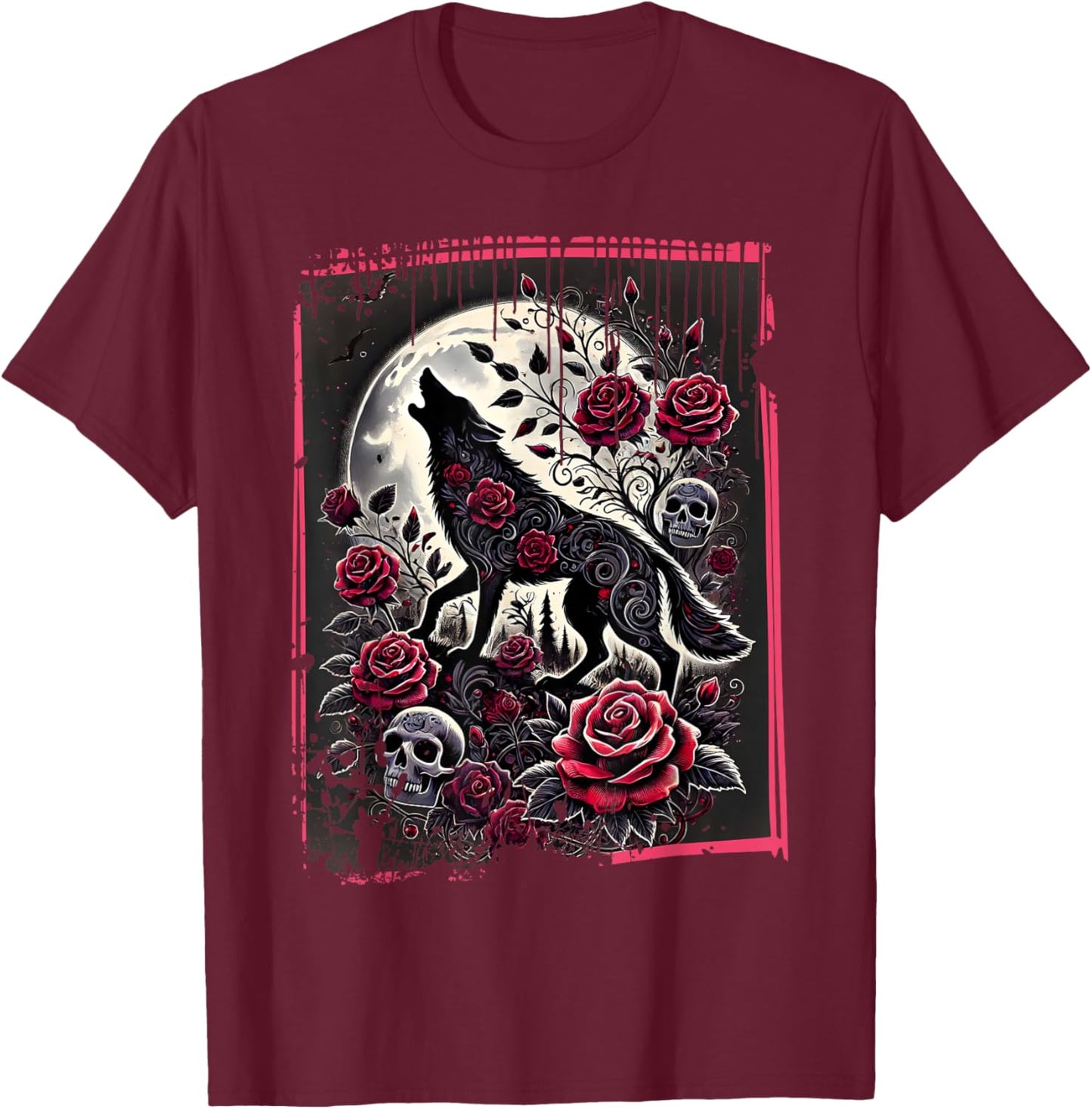 Goth Wolf Howling Romantic Skulls N' Roses Gothic Moon T-Shirt - T-Shirt | Maroon