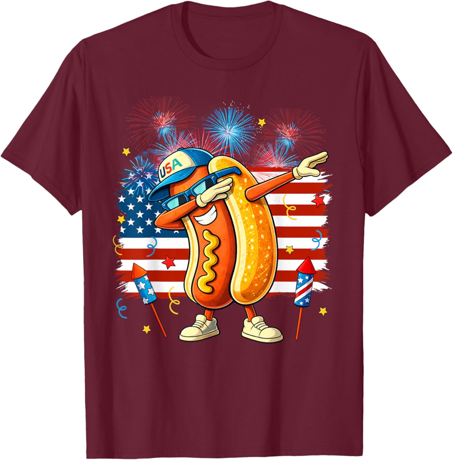 Funny Hotdog Dabbing Firework Patriotic USA Flag 4th of July T-Shirt - T-Shirt | Maroon