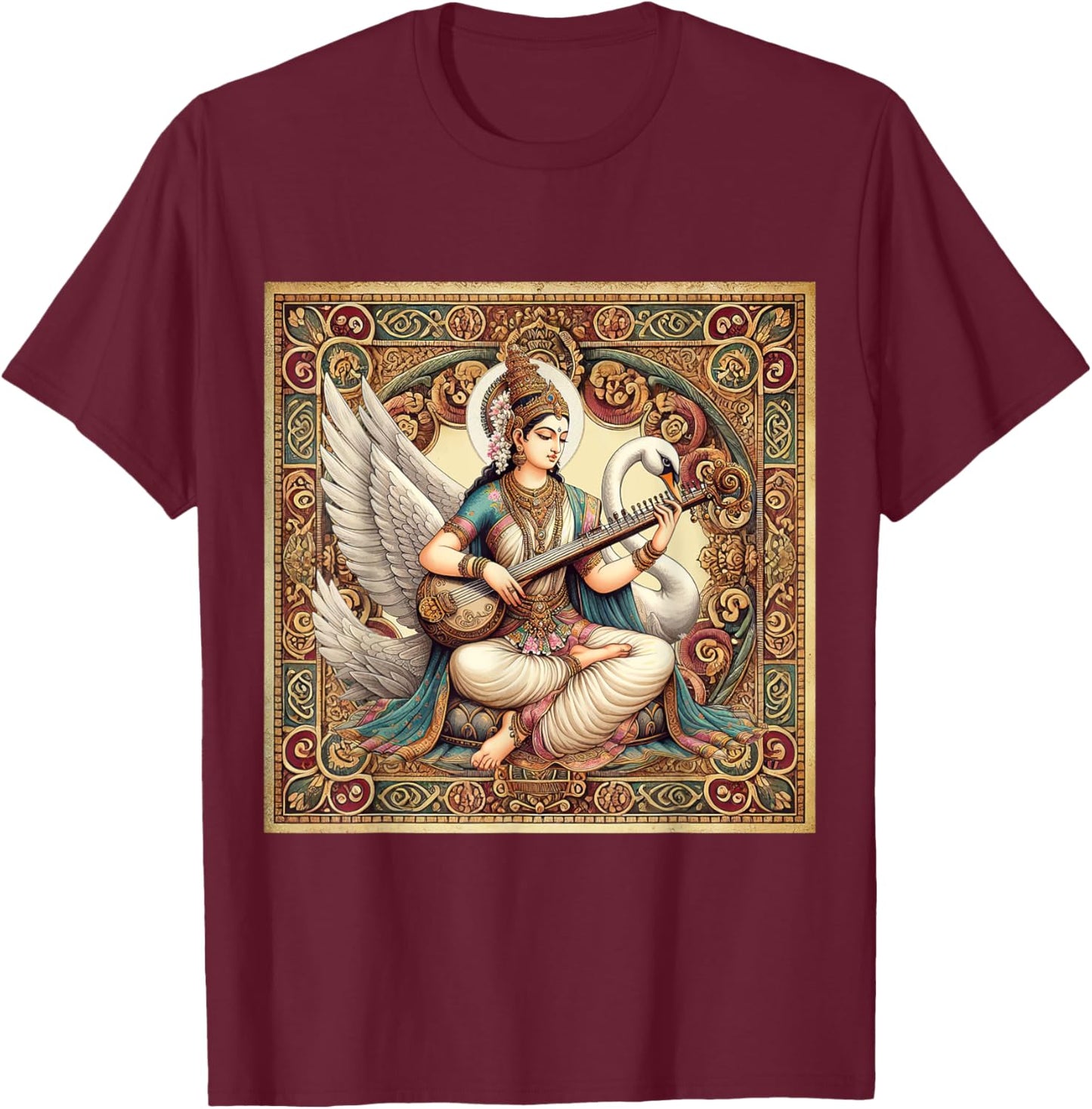 Hindu Goddess Saraswati Hinduism Mythology Vintage T-Shirt - T-Shirt | Maroon