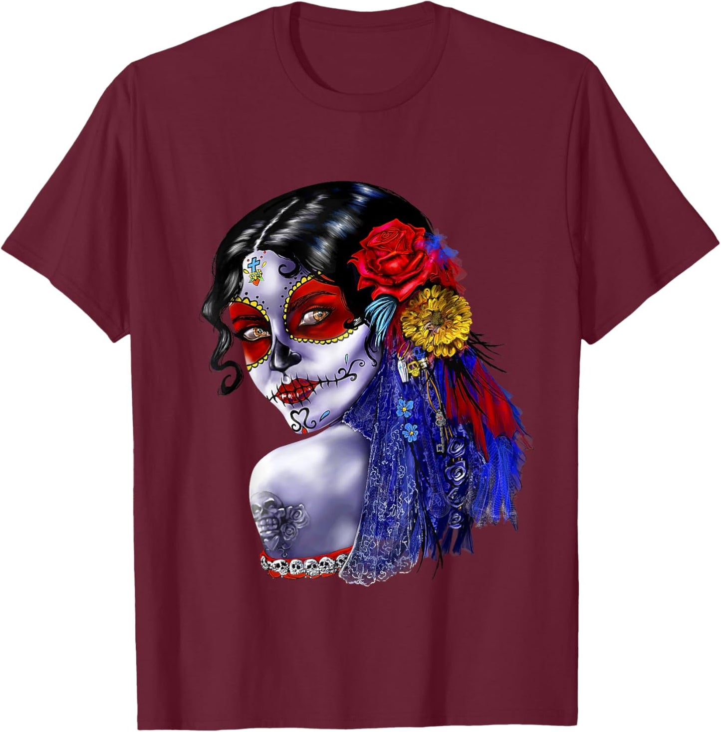 Day Of The Dead Beauty With Flowers T-Shirt - T-Shirt | Maroon