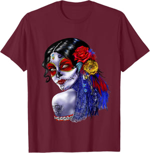 Day Of The Dead Beauty With Flowers T-Shirt - T-Shirt | Maroon