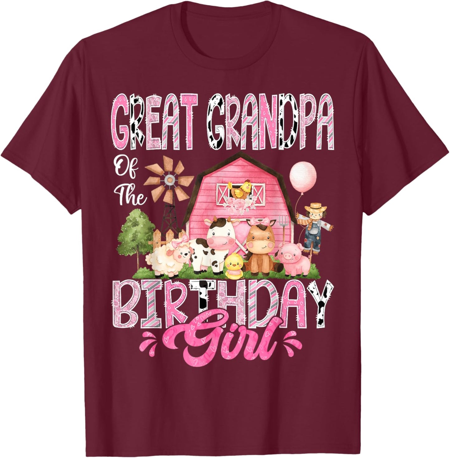 Great Grandpa Of The Birthday Girl Pink Farm Cow Birthday T-Shirt - T-Shirt | Maroon