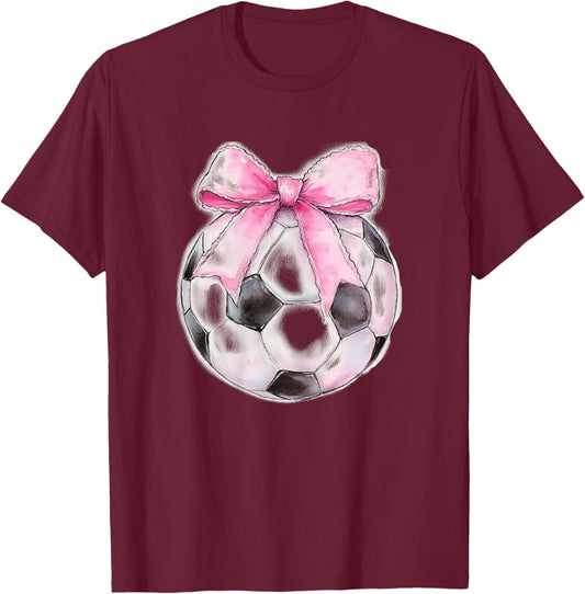 Soccer Ball Pink Coquette Bow Dainty Ribbon Girls Soccer T-Shirt - T-Shirt | Maroon