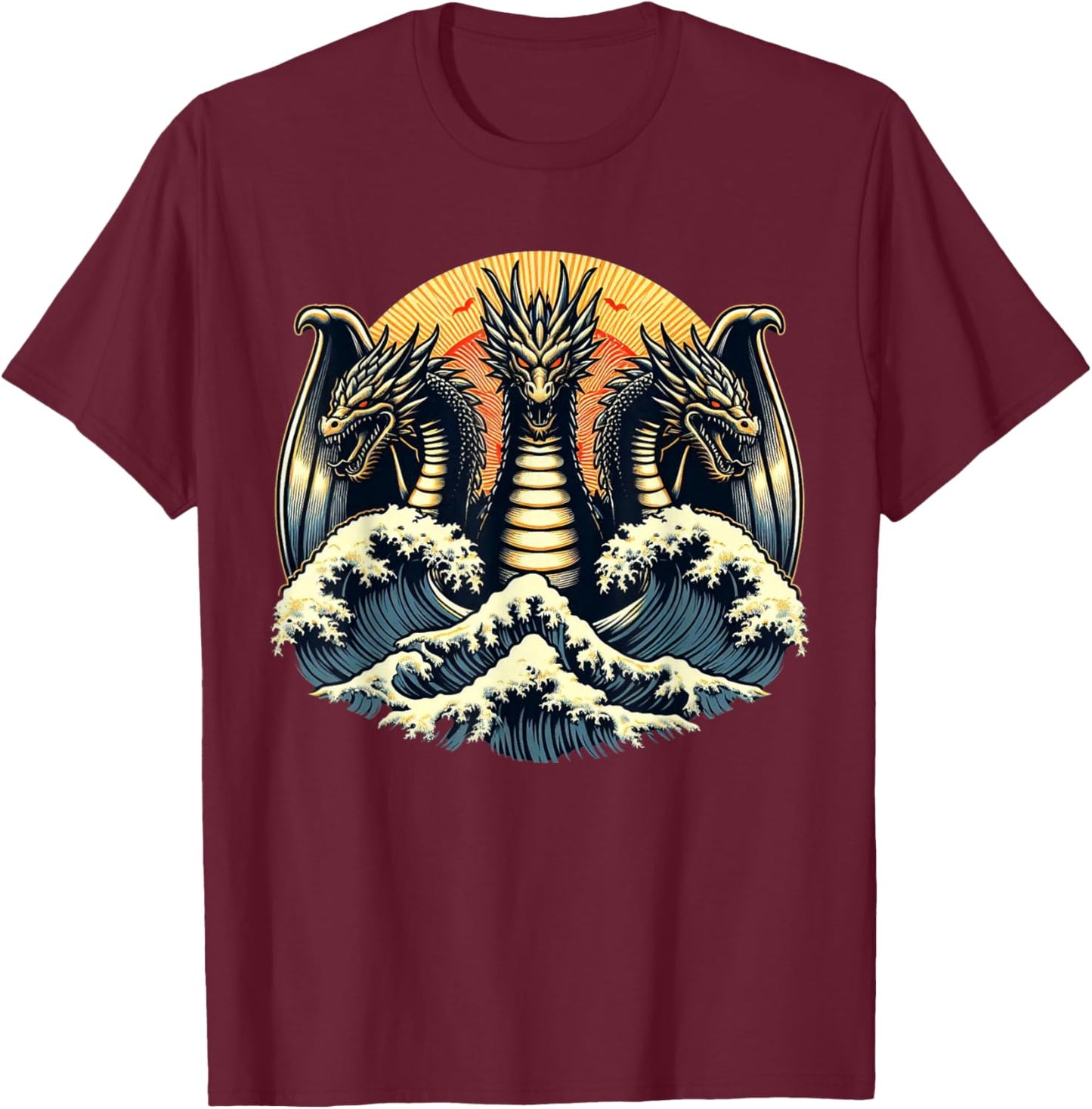 Japanese Dragon King Ghidorah Great Wave Off Kanagawa Sunset T-Shirt - T-Shirt | Maroon