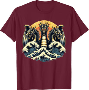 Japanese Dragon King Ghidorah Great Wave Off Kanagawa Sunset T-Shirt - T-Shirt | Maroon