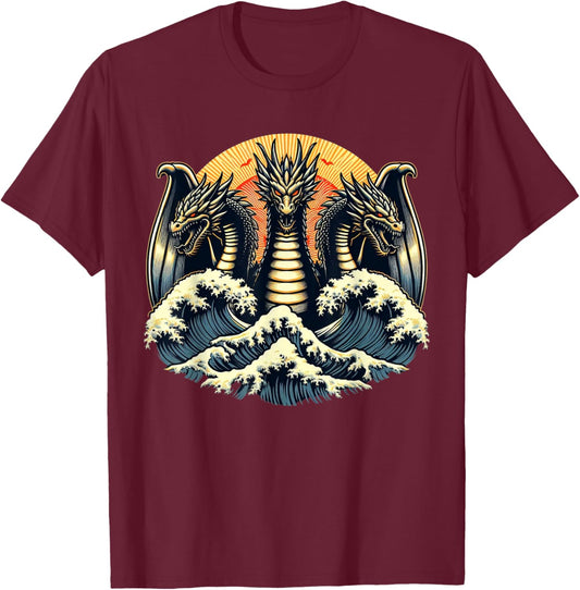 Japanese Dragon King Ghidorah Great Wave Off Kanagawa Sunset T-Shirt - T-Shirt | Maroon