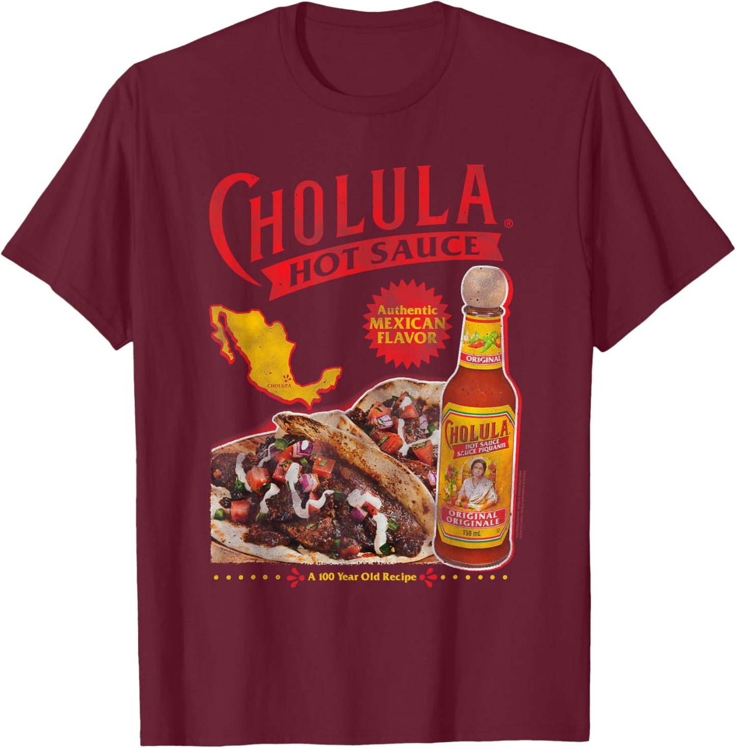 Cholula Authentic Mexican Flavor Hot Sauce T-Shirt - T-Shirt | Maroon
